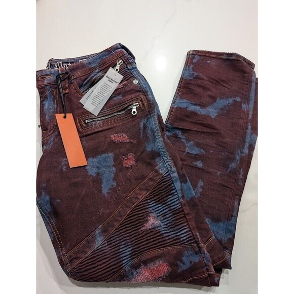 Rock Revival Moto Elroy Biker Distressed Jeans Acid Wash Red Blue Mens Size 38 - Picture 11 of 12